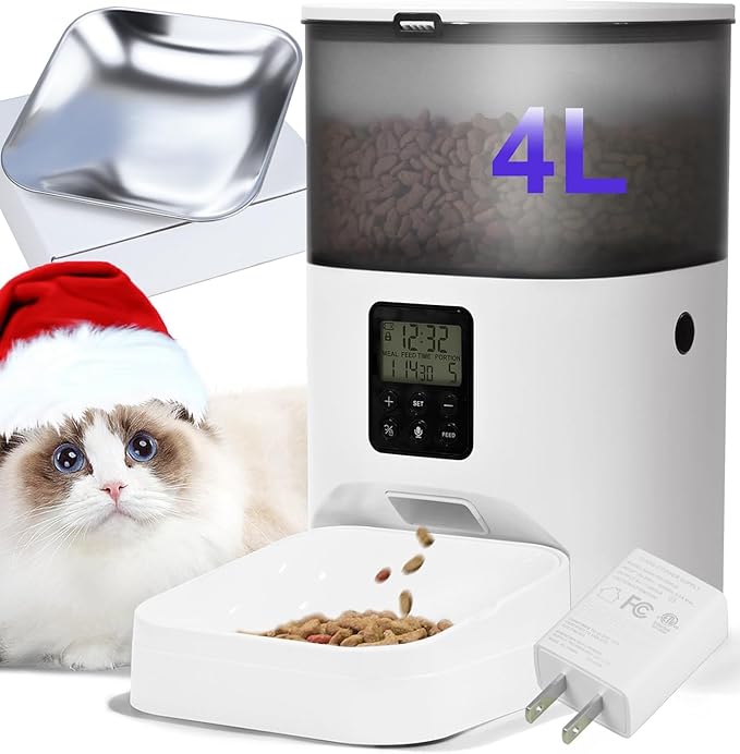 Automatic Cat Feeder, 4L Cat Food Dispenser with 10s Voice Recorder, Pet Feeder up to 8 Meals per Day, Timed Cat Feeder with Dry Food Sealed Ring (Jade White, 4L)-Mewly Pet