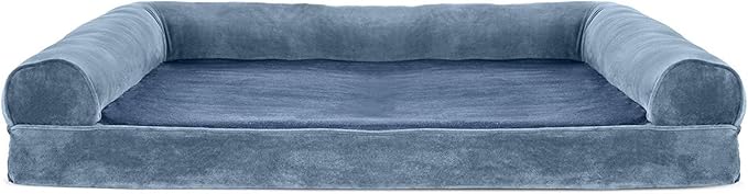 Furhaven Orthopedic Dog Bed for Large Dogs w/ Removable Bolsters & Washable Cover, For Dogs Up to 95 lbs - Faux Fur & Velvet Sofa - Harbor Blue, Jumbo/XL-Mewly Pet