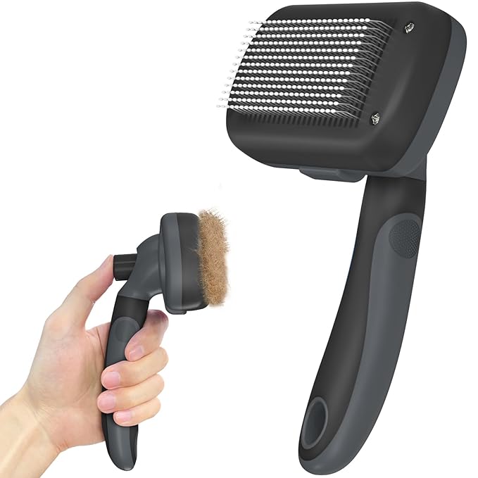 Self-Cleaning Deshedding Brush for Dogs & Cats - Skin-Friendly Grooming Tool with Hair Brush for Long and Short Haired Pets, Grey-Mewly Pet