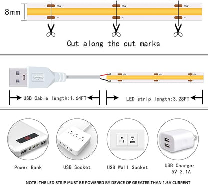 LED Strip Lights Set of 2 Pack 3.28FT COB Light Strips USB 5V 6500K Bright White High Density Not Dimmable Short LED Strip for Bedroom Indoor Home Decor Flexible Display Cabinet TV Lighting