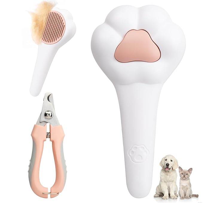 Self-Cleaning Cat Brush with Cat Nail Clipper 2-Pieces Set, Daily Cleaning Grooming Kit for Small and Medium-sized Dogs and Cats, Designed to Remove Shedding Fur and Trim Sharp Claws of Your Pets-Mewly Pet