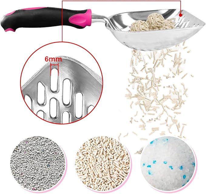 Cat Litter Scoop-Metal Cat Scooper-Long Handle Scoop,Cat Scooper-Poop Sifting-Mesh Shovel-Suitable for Cat Litter Box, (Rose Red)-Mewly Pet