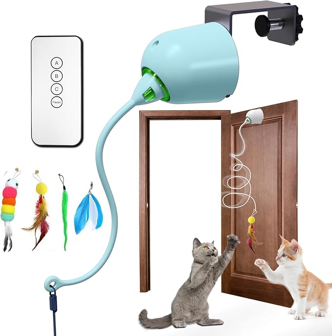 Cat Toys Interactive for Indoor, Cats Toy Hanging Door Electric for Bored,Feathers Toy Kitten Rechargeable Door Hanging Automatic String with 4pcs Feathers Toys(Blue)-Mewly Pet