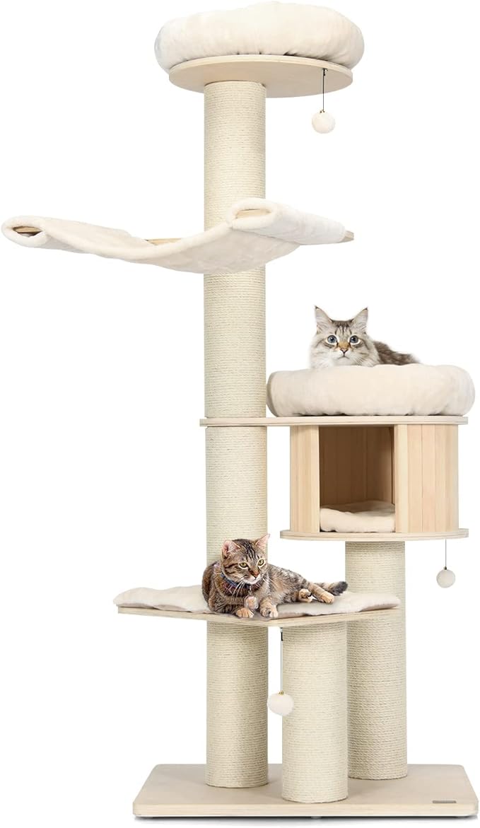 Tangkula Modern Cat Tree, Multi-Level Large Cat Tower with Condo, Hammocks & Hanging Basket, Tall Cat Tree with Sisal Posts, Washable Cushions, Wood Cat Trees and Towers for Indoor Large Cats-Mewly Pet