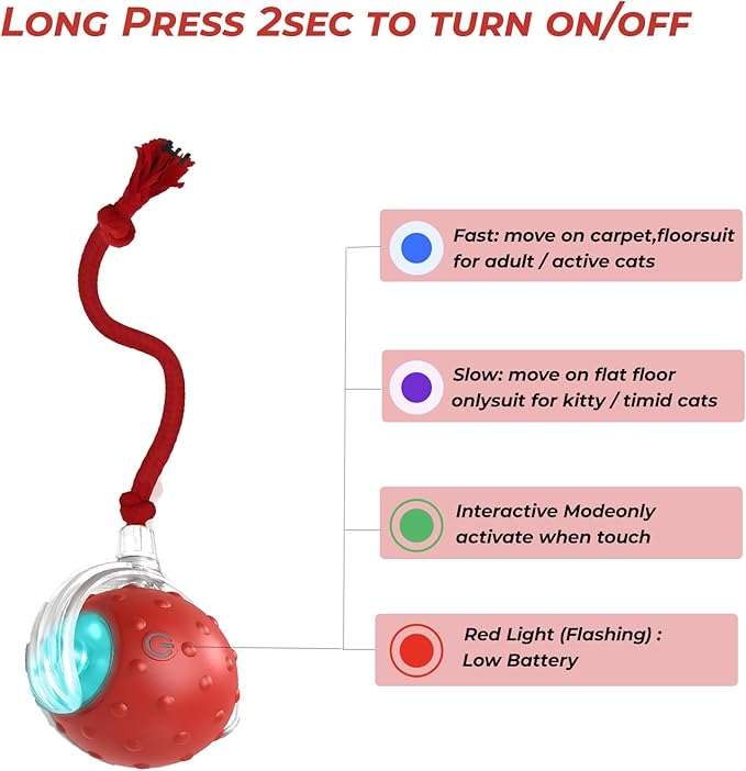 Interactive Cat Toys Ball - 2025 New Gen with Smart Obstacle Avoidance,Bird Chirps & Auto Wake-Up,Includes 1 Speedy Tail 2.0 Ropes, Ideal Kitten Toys for Bored Indoor Cats (Red)-Mewly Pet