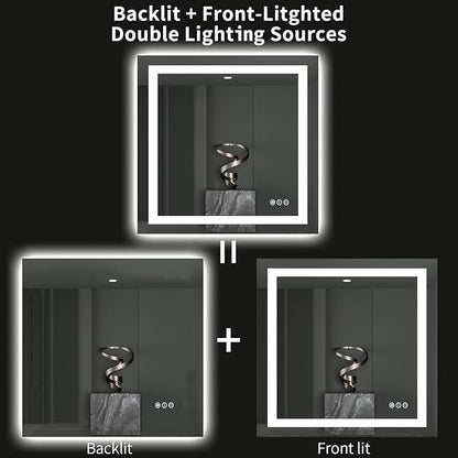 LOAAO 40"X38" LED Bathroom Mirror with Lights, Anti-Fog, Dimmable, Backlit + Front Lit, Lighted Bathroom Vanity Mirror for Wall, Memory Function, Tempered Glass, ETL Listed