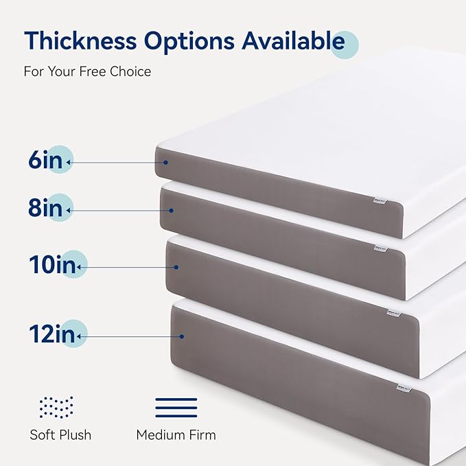 Amazon Basics Memory Foam Mattress, Soft Plush Feel, 10 Inch, Queen, White/Grey