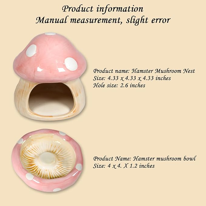 Ceramic Mushroom Guinea Pig House Hamster Hide Bed Includes Hamsters Food Bowl Guinea Pig Hideout for Hamster Chinchilla Hedgehog Rat Small Animals(Pink Mushroom Set)-Mewly Pet