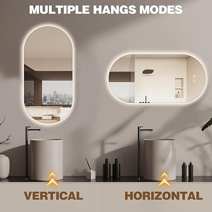 48"x24" Oval Led Mirror for Bathroom, Frameless Vanity Mirror with Lights, Modern Lighted Bathroom Mirror Wall Mounted, Anti Fog Smart Mirror with 3 Colors Dimmable, Vertical/Horizontal