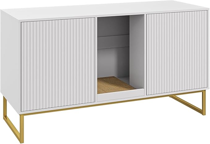Litter Box Enclosure for 2 Cats, Fluted Hidden Cat Litter Box Furniture with Scratch Pad and Metal Legs, Modern Double Room Kitty House for Living Room, Washroom, 47.2”L x 17.7”W x 25.9”H, White-Mewly Pet
