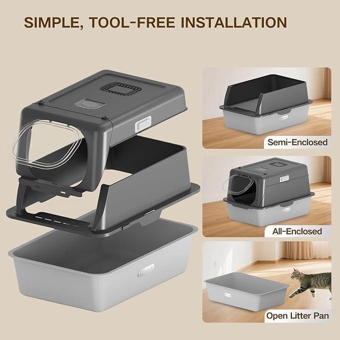 Stainless Steel Cat Litter Box with Lid, XX-Large Extra Large Litter Box for Big Cats, Enclosed Removable Metal Cat Box with High Sided Enclosure,Magnetic Door,40L Box, Litter Trap Step/Mat-Mewly Pet