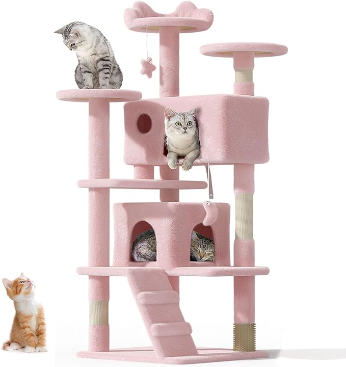54" Cat tree Tower for Indoor Cats Large Adult,Cute/Tall Modern Cat Tree for Big Cats 20 lbs,Plush Multi-Level Cat Condo with Scratching Posts, Dangling Ball for fun play (Soft Pink, 54 inch)-Mewly Pet