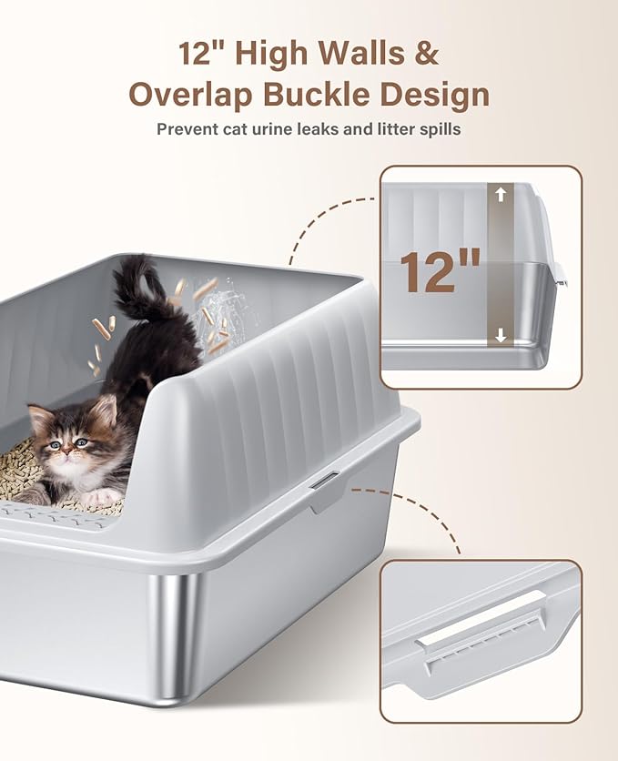 Cat Litter Box Stainless Steel XL with Lid, Enclosed Metal Extra Large Litter Box Pan High Sided with Scoop for Big Cats, Non-Sticky, Anti-Urine Leakage, Easy Cleaning-Mewly Pet