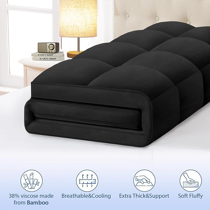 ELEMUSE Twin XL Black Cooling Bamboo Viscose Mattress Topper for College Dorm, Extra Long Twin Mattress Pad Cover for Back Pain, Soft Pillowtop with Deep Pocket, Overfilled Down Alternative Filling