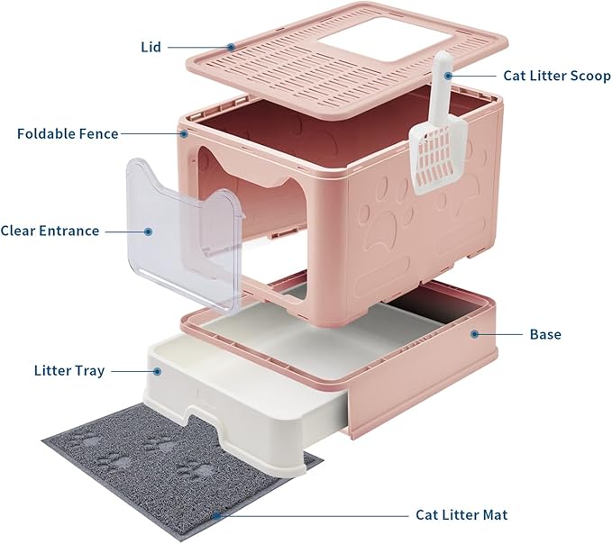 Cat Litter Box with Litter Mat and Scoop, Large Foldable Litter Box with Lid, Front Entry Top Exit Kitty Box, Odor Control, Easy to Clean (Pink)-Mewly Pet