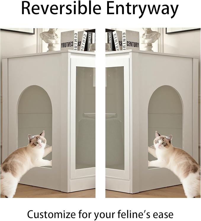 Cat Litter Robot Enclosure with Cat-Observant Glass Doors,Litter Robot Cabinet with Cozy LED for Cats,Reversible and Optional Entry(Left or Right),Power Outlet for More Choice, (White)-Mewly Pet