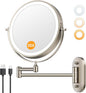 Auxmir 1X/30X Wall Mounted Lighted Makeup Mirror, 8" 3200 mAh Rechargeable Double-Sided Magnifying Mirror, Touch Dimmable 3 Color Lights, 360° Rotating Foldable 14.5" Extension Arm, Brushed Nickel