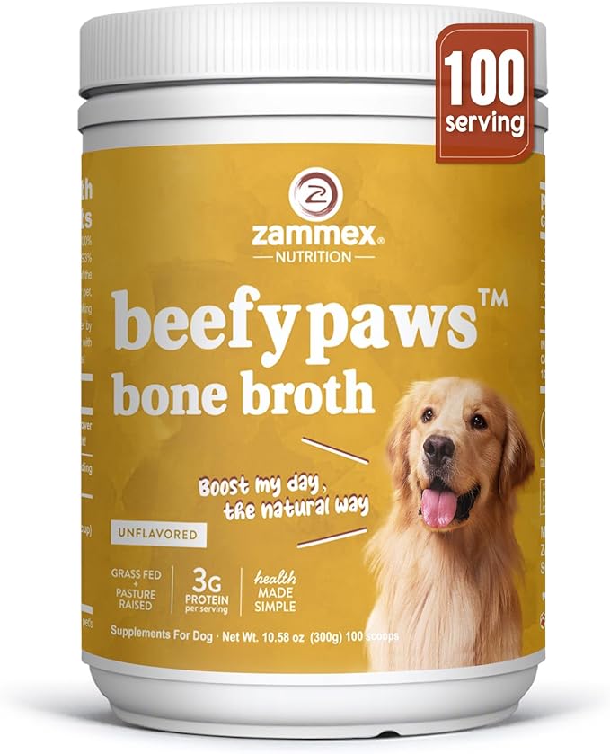 Zammex Grass-Fed Beef Bone Broth Protein Powder for Dogs & Cats - Joint & Bone Support, Healthy Fur Enhancer, Pet Food Topper for Dry & Wet, 10.58oz-Mewly Pet