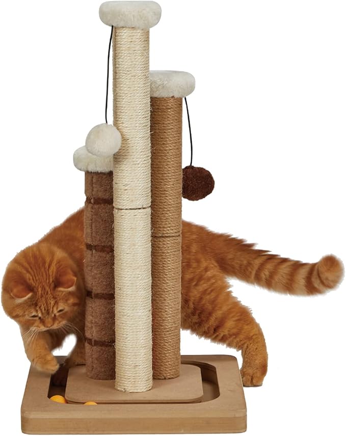 Cat Scratching Post Premium Natural Sisal Jute Carpet 3 Scratch Posts with Interactive Track Ball Base and Hanging Balls Toys Kitten Scratcher for Indoor Kittens and Small Cats-Mewly Pet