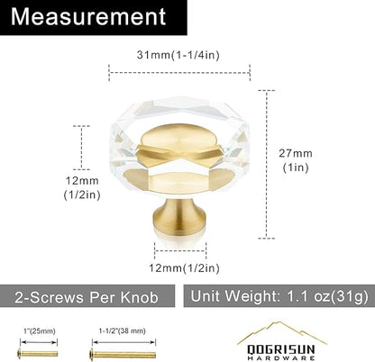 QOGRISUN 5-Pack Brass Crystal Cabinet Knobs,Glass Crystal Gold Drawer Knobs,1-1/4-Inch Polygon,Decorative Dresser Pulls, Modern Cabinet Hardware