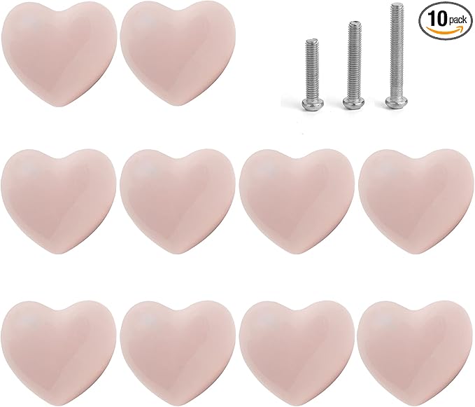 Ceramic Drawer Knobs Heart Shape Cabinet Dresser Pulls Handles with 3 Sized Screws, Kitchen Furniture Knobs for Closet Cupboard Wardrobe (10 Pack, Pink)