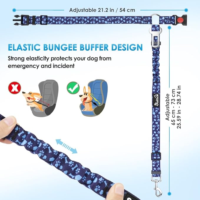 SlowTon Dog Seat Belt for Car, 2 Pack Dog Car Harness Seatbelt Adjustable with Elastic Bungee Buffer, 2 in 1 Pet Car Leash Headrest Restraint Dog Reflective Safety Tether (Blue Paw, Headrest+Clip)-Mewly Pet