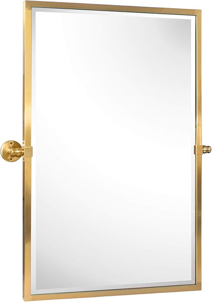 TEHOME Brushed Gold Metal Framed Pivot Rectangle Bathroom Mirror Tilting Beveled Vanity Mirrors for Wall, Overall 27.9 x 36 inches (Mirrror 24 x 36 inches)