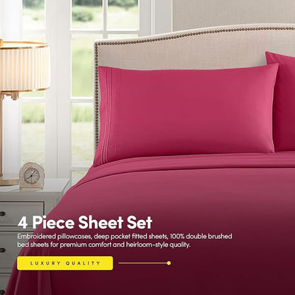 Sweet Home Collection King Size Sheet Set with Built-in Sheet Straps - Deep Pocket Fitted Sheet, Flat Sheet & Pillowcases - Soft, Wrinkle-Free, Secure Fit - Fuschia