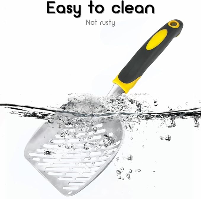 Cat Litter Scoop-Metal Cat Scooper-Long Handle Scoop,Cat Scooper-Poop Sifting-Mesh Shovel-Suitable for Cat Litter Box, (Yellow)-Mewly Pet
