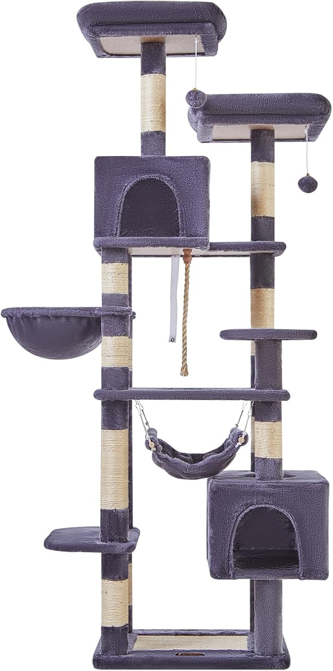 Taoqimiao Cat Tree, 71-Inch Cat Tree Cat Tower for Indoor Cats, Plush Multi-Level Cat Condo with 10 Scratching Posts, 2 Perches,Basket, 2 Caves,Hammock, 2 Pompoms,MS020G Beige Smoky Gray-Mewly Pet