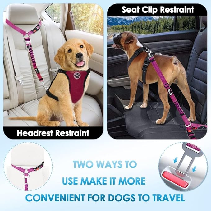 SlowTon Dog Seat Belt, 2 Pack Harness Seatbelt Adjustable With Elastic Bungee Buffer, 2 in 1 Pet Car Leash Headrest Restraint Reflective Safety Tether (Fushia, Dual Restraint)-Mewly Pet