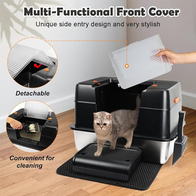 Vivifying Stainless Steel Litter Box, XL Side Entry Extra Large Litter Box with Lid for Big Cats & Kitty, Removable Enclosed Metal Cat Pan with High Sided Enclosure, Scoop, Mat, Footboard (Black)-Mewly Pet