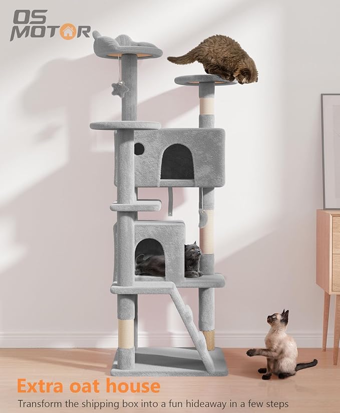 60'' Cat tree Tower for Indoor Cats Large Adult,Cute/Tall Modern Cat Tree for Big Cats 20 lbs,Plush Multi-Level Cat Condo with Scratching Posts,Dangling Ball for fun play(Light Gray, 60 inch)-Mewly Pet