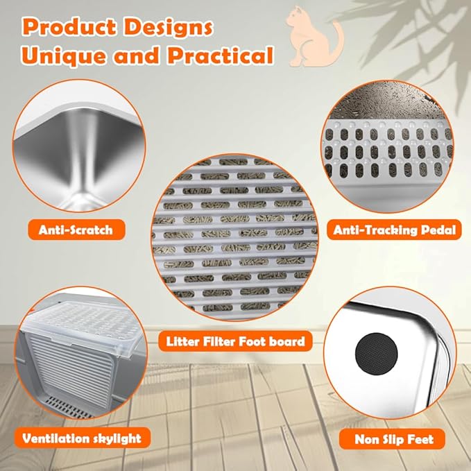 Vivifying Stainless Steel Litter Box with Lid, XL Side Entry Extra Large Litter Box for Big Cats & Kitty, Removable Enclosed Metal Cat Pan with High Sided Enclosure, Scoop, Mat, Footboard (Gray)-Mewly Pet