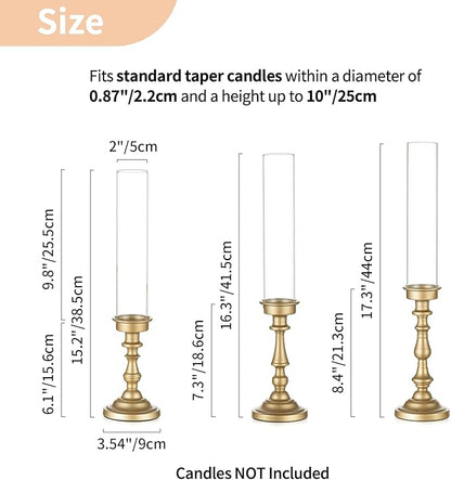 NUPTIO Hurricane Candle Holder for Centerpiece: Set of 3 Gold Candlestick Holders with Glass Shade - Vintage Taper Candleholder for Christmas Dining Table Fireplace Mantle Decor