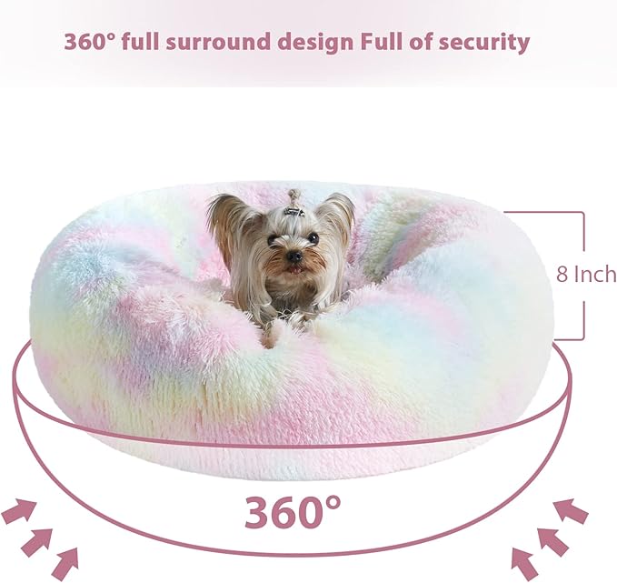 WNPETHOME Calming Dog Bed Cat Bed Donut, Faux Fur Pet Bed Self-Warming Donut Cuddler, Comfortable Round Plush Dog Beds (20 x 20 x 8 Inch, Rainbow)-Mewly Pet