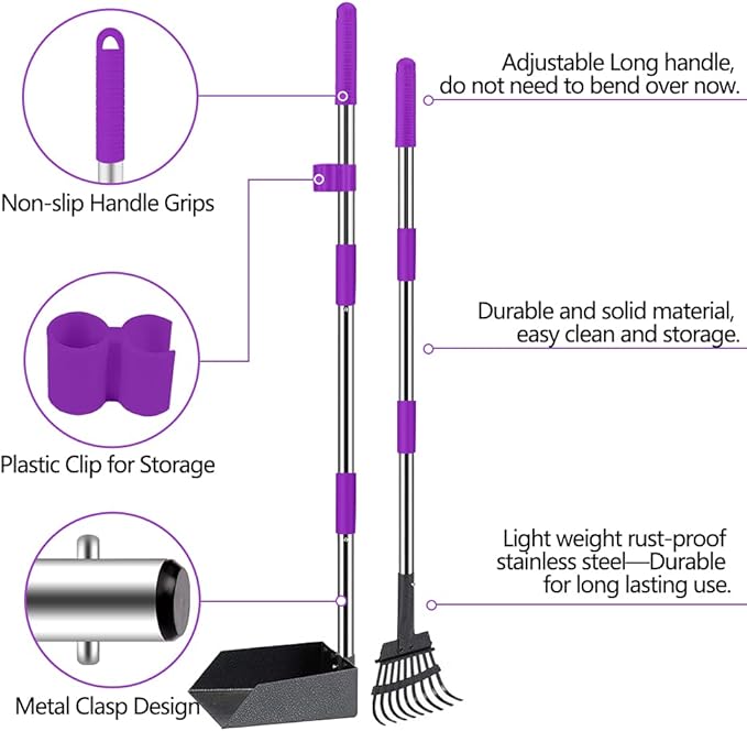 QiMH Upgraded Dog Pooper Scooper Extra Large, Adjustable Long Handle Stainless Metal Pet Poop Tray and Rake Set for Large Medium Small Dogs, Dog Waste Removal Bin Rake, Great for Grass, Street, Gravel-Mewly Pet
