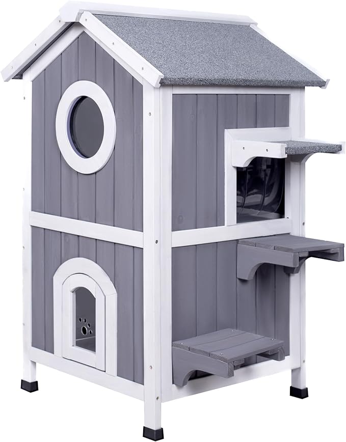 GEGURI Outdoor Cat House Weatherproof, Wooden Two-Story Feral Cat Shelter with Openable Roof, Escape Door, Balcony-Mewly Pet