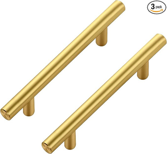 JOY DECOR 3 Pack Cabinet Handles, Gold Cabinet Pulls, 3-3/4 in Hole Center Kitchen Cabinet Handles, Stainless Steel T Bar Handles for Dresser Drawers