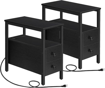 HOOBRO Set of 2 End Tables with Charging Station, Narrow Side Table with Drawers & USB Port & Power Outlets, Nightstand for Small Spaces, Living Room, Stable and Sturdy, Black BK541BZP201