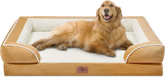 Comfort Expression Extra Large Dog Beds, XL Dog Beds Waterproof, Orthopedic Washable Dogs Beds with Bolster, Pet Sofa Couch with Removable Cover & Non-Slip Bottom(X-Large,Khaki)-Mewly Pet