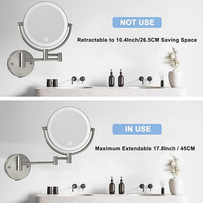Wall Mounted Lighted Makeup Vanity Mirror with Magnification, 8 Inch Double Sides 10X Magnifying Bathroom Mirror 3 Color Lighting Touch Dimming, Extended Arm Shaving Mirror Hard Wired, Brushed Nickel