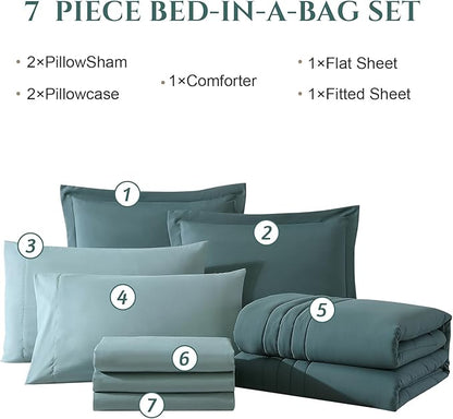 Monbix Full Comforter Set - 7 Pieces Dark Green Bed in a Bag Full Size Bedding Sets with Comforters, All Seasons Down Alternative Comforter with Sheets,Pillowcases & Shams