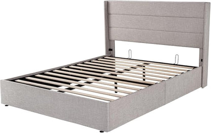 Allewie Full Size Lift Up Storage Bed, Modern Wingback Headboard, Hydraulic Support, No Box Spring Needed, Light Beige