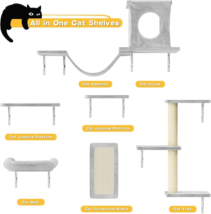 NUNU LAB Wall Mounted Cat Furniture, 6 Pcs Cat Wall Shelves with Condo House, Bridge, Steps, Scratcher, Hammock, Indoor Safe & Stable Furniture for Kittens Play, Gray-Mewly Pet