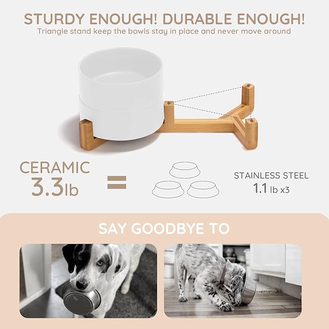 SPUNKYJUNKY Ceramic Dog and Cat Bowl with Wood Stand Non-Slip Matte Glaze Weighted Food Water Set for Cats &Small Dogs 13.5 OZ-Mewly Pet