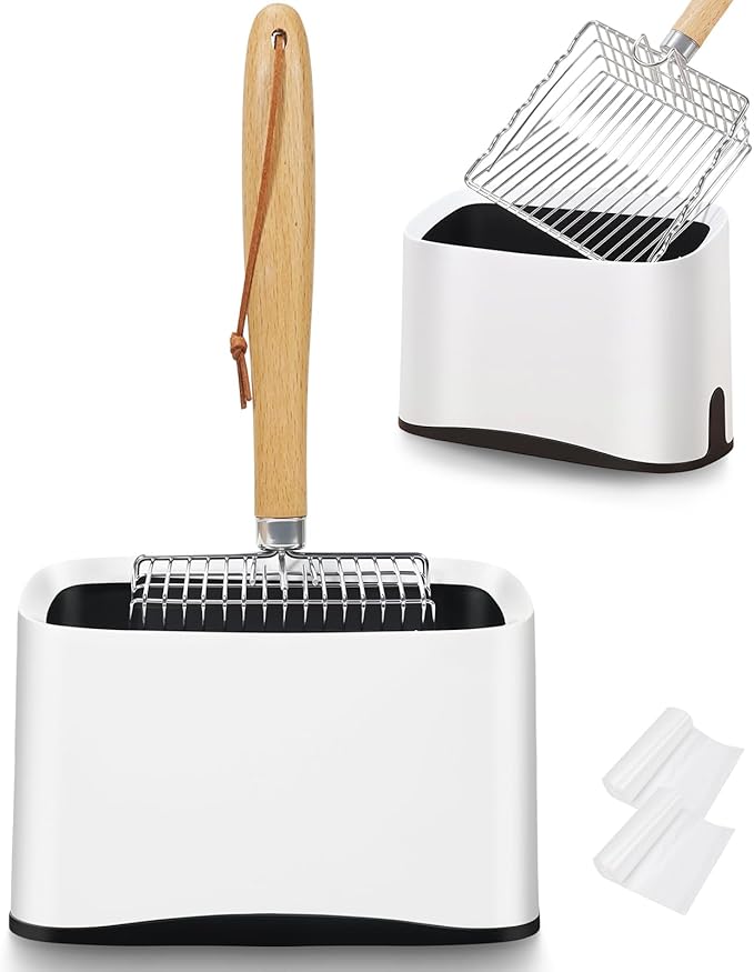 Metal Cat Litter Scoop with Holder, Poop Scooper with Stand and 2 Rolls of Garbage Bags, Heavy Duty Stainless Steel Shovel with Wooden, Quick Sifter for Easy Cleaning (Long handle-9.8" with Holder)-Mewly Pet