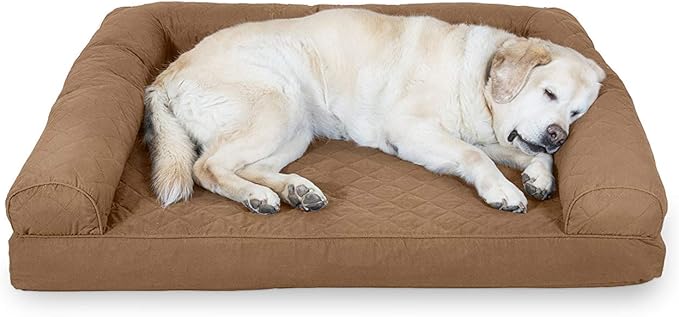 Furhaven Cooling Gel Dog Bed for Large Dogs w/ Removable Bolsters & Washable Cover, For Dogs Up to 95 lbs - Quilted Sofa - Toasted Brown, Jumbo/XL-Mewly Pet