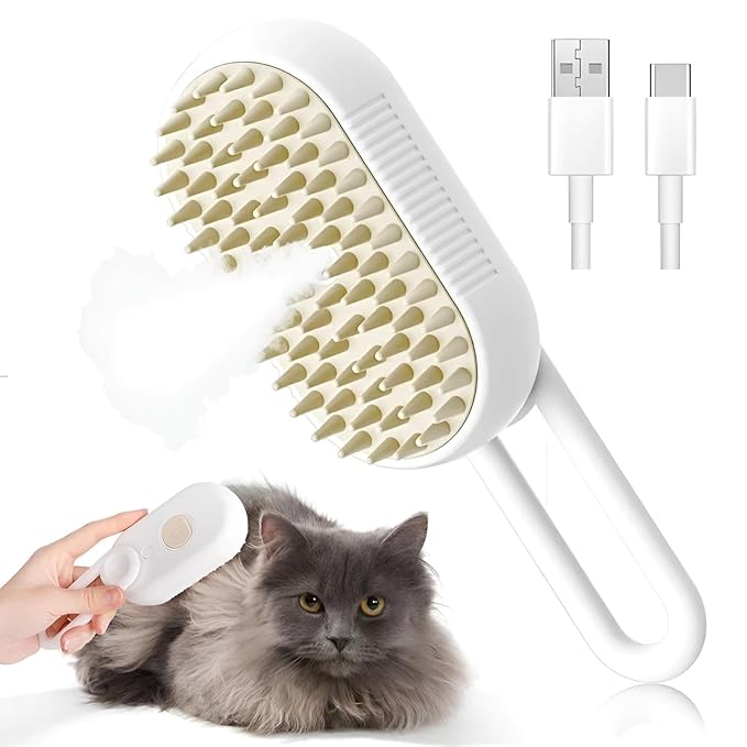 4-in-1 Cat Steam Brush for shedding – Self-Cleaning Comb for Long and Short Hair Cats and Dogs, Steam Pet Brush for Hair Removal, Vibrating Message, Grooming & Relaxation (White)-Mewly Pet