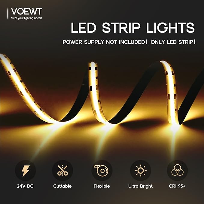 COB LED Strip Lights Daylight White 6000K,32.8ft 24V High CRI 95Ra+ Super Bright,Flexible Tape Lights for Bedroom,Mirror,Kitchen Cabinet, Living Room(Power Supply Not Included)